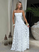 Elegante vestido largo de gasa con patchwork y tirantes finos sin espalda -4