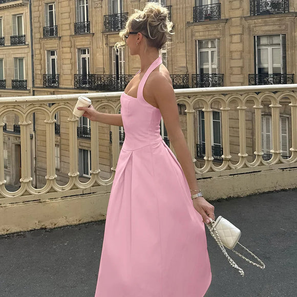 Women's Sexy Midi Dress Halter Backless Solid Sleeveless A-Line