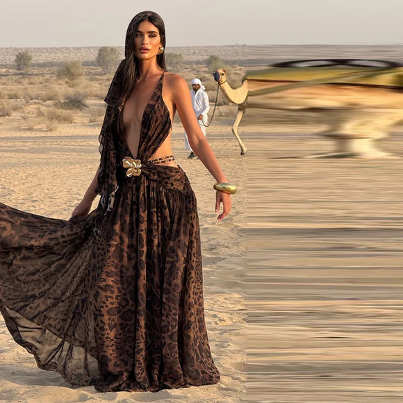 Indianna Women's Sexy Maxi Dress Halter Backless Elegant Slit Side