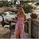 Robe longue sexy rose élégante à volants dos nu épaules dénudées-11