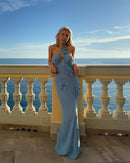 Elegant Floral Knit Halter Long Dress Sexy Hollow Out Sleeveless