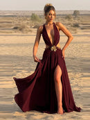 Indianna Women's Sexy Maxi Dress Halter Backless Elegant Slit Side