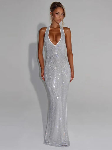 Women's Sexy Long Dress Sequin Elegant  Backless Sleeveless