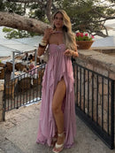 Sexy Maxi Dress Pink Elegant Ruffle Backless Off Shoulder For Women