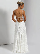 Elegante vestido largo de gasa con patchwork y tirantes finos sin espalda -3