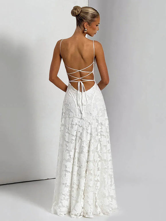 Elegante vestido largo de gasa con patchwork y tirantes finos sin espalda 