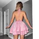 Women's Sexy Dress Deep V Neck Hot Pink Lace Up Backless Ruffles