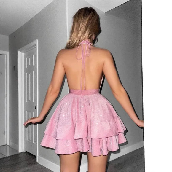 Women's Sexy Dress Deep V Neck Hot Pink Lace Up Backless Ruffles