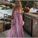 Robe longue sexy rose élégante à volants dos nu épaules dénudées-10