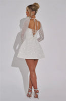 Women's Sexy Mini Dress Sequined Long Sleeve Backless Lace Up A-Line