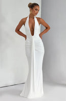Sexy Maxi Dress Deep V-Neck Ruched Backless Elegant for Women