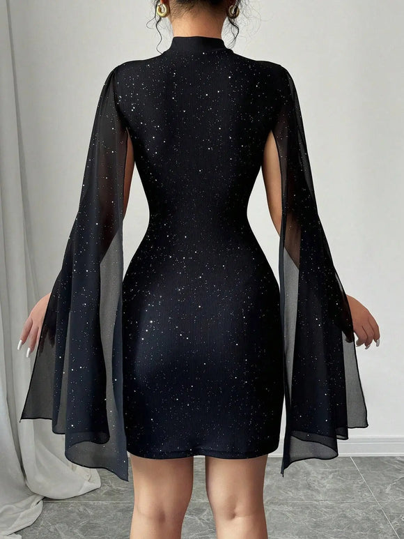Women's Sexy Mini Dress Sparkly Sequin Bodycon Long Bell Sleeves