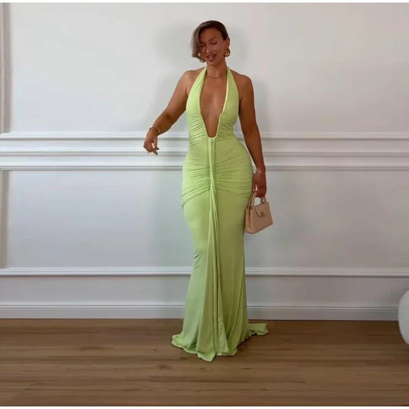 Robe longue sexy pour femme élégante décolleté en V profond froncée dos nu