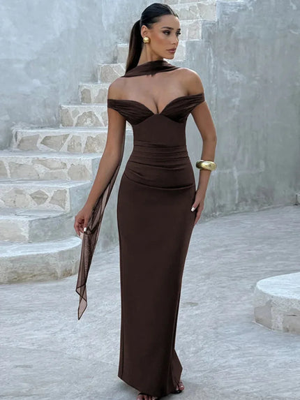 Women's Sexy Maxi Dress Elegant Off Shoulder Backless Patchwork