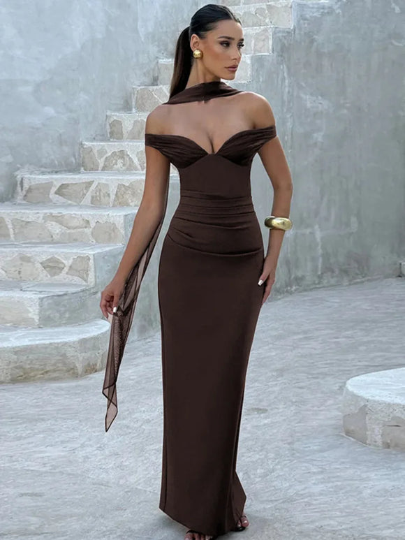 Women's Sexy Maxi Dress Elegant Off Shoulder Backless Patchwork