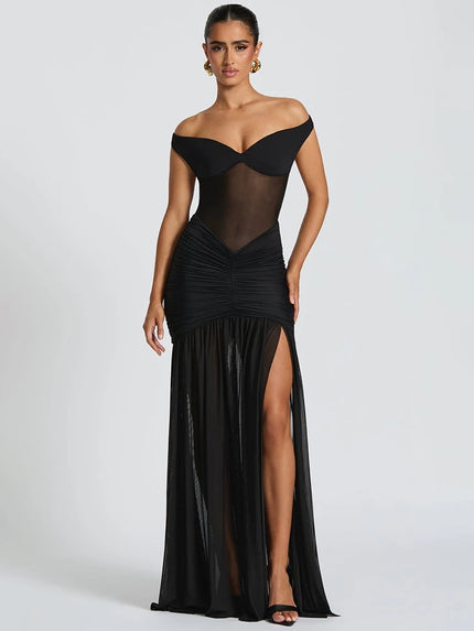Buy black Women's Sexy Dress Elegant Long Deep V Neck Backless Ruched Gown