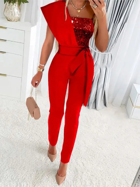 Women’s Jumpsuit Wedding Guest Elegant Sequins One Shoulder Bodycon