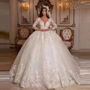 Women's Princess Wedding Dress Vintage Lace Ball Gown Long Sleeves Shinny Tulle