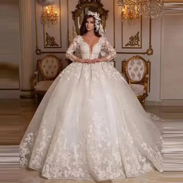 Women's Princess Wedding Dress Vintage Lace Ball Gown Long Sleeves Shinny Tulle