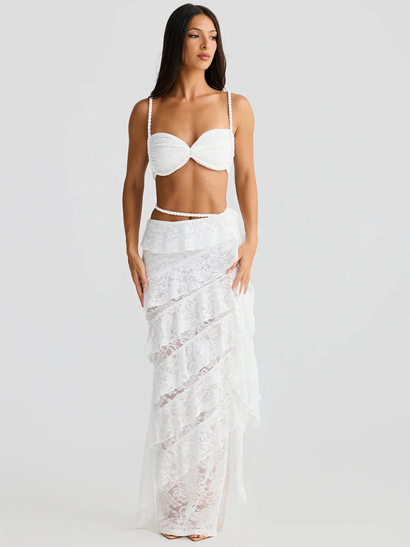 Women's Sexy Sets Two-Piece Lace Crop Top Long Elegant Skirt