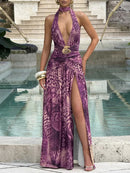 Vestido largo sexy elegante estampado de leopardo abertura lateral sin espalda-4