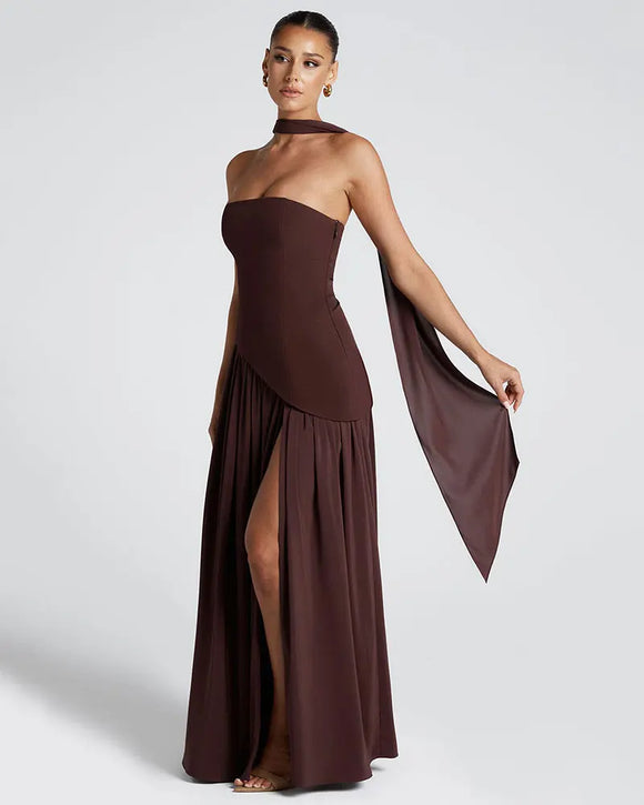 Women's Sexy Maxi Dress Elegant Strapless Backless High Slit Evening Gown