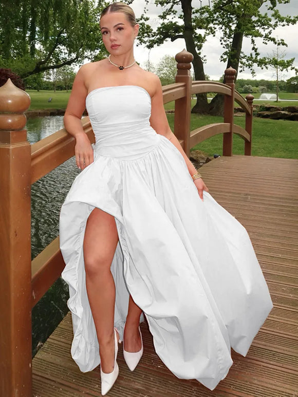 Women's Sexy Maxi Dress Corset Puffy Elegant Pleated Slit Party Dress