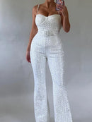 Women's Jumpsuit Sequin Sleeveless Sparkle Backless With Belt Party