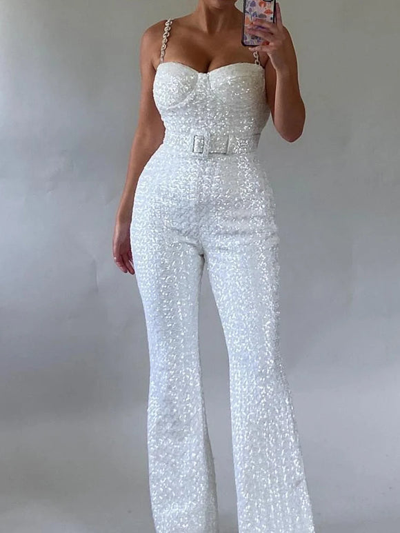 Women's Jumpsuit Sequin Sleeveless Sparkle Backless With Belt Party