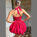 Women's Sexy Mini Dress Pleated Halter Lace Up Backless Puffed Skirt-17