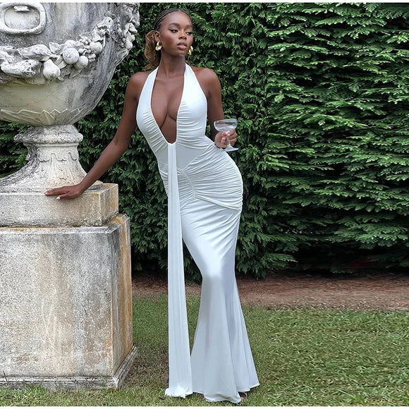 Robe longue sexy pour femme élégante décolleté en V profond froncée dos nu