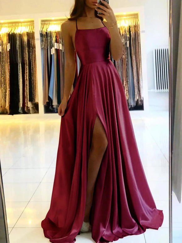 Women's Sexy Long Dress Spaghetti Strap Elegant Satin with Leg Slit