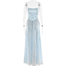 Elegante vestido largo de gasa con patchwork y tirantes finos sin espalda -7