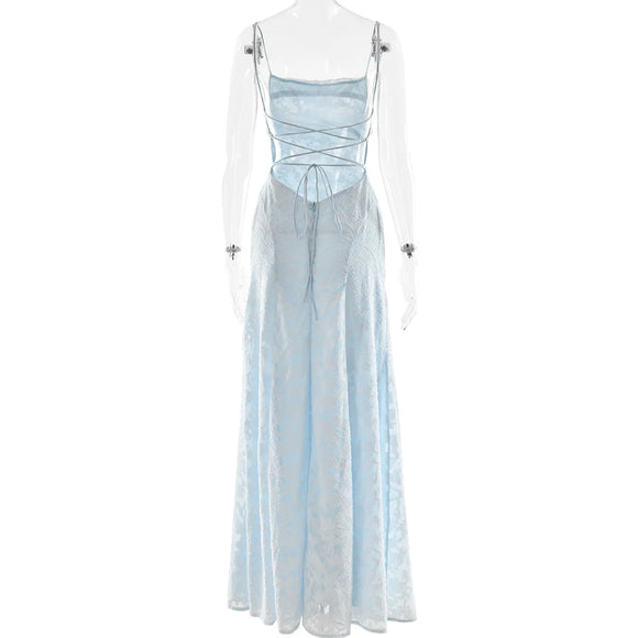 Elegante vestido largo de gasa con patchwork y tirantes finos sin espalda 