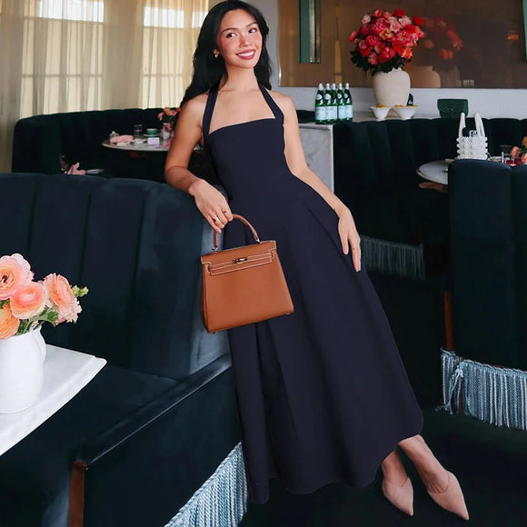 Women's Sexy Midi Dress Halter Backless Solid Sleeveless A-Line