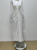 Robe sexy décolleté en V profond élégante ajourée fendue sans manches-21