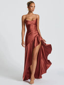 Elegant Sexy Maxi Dress Satin Women Spaghetti Straps Backless Slit