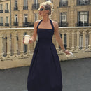Vestido midi sexy cuello halter espalda descubierta liso sin mangas corte A-30