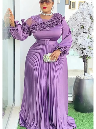 Women's Sexy Maxi Dress Plus Size  Elegant Pleated Long Sleeves