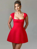 Short Dress Elegant for Women Short Sleeve Square Neck A Line