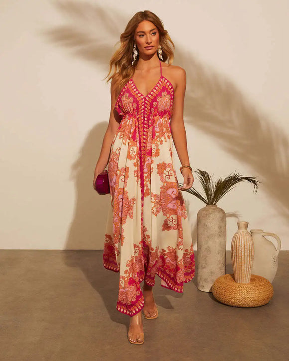 Bohemian Floral Sexy Maxi Dress for Women Elegant Strap Halter V Neck