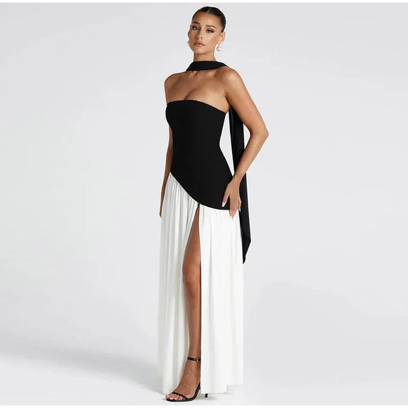 Women's Sexy Maxi Dress Elegant Strapless Backless High Slit Evening
