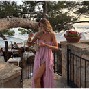 Robe longue sexy rose élégante à volants dos nu épaules dénudées-14