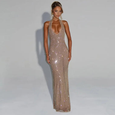 Buy golden Women's Sexy Long Dress Sequin Elegant  Backless Sleeveless