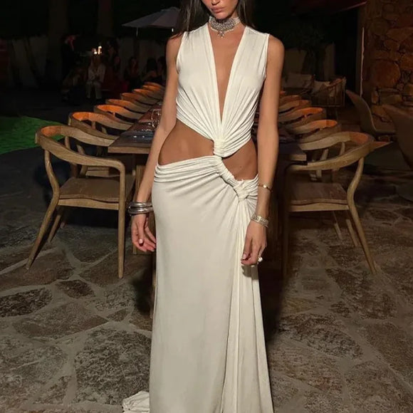 Robe sexy décolleté en V profond élégante ajourée fendue sans manches