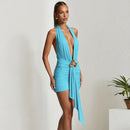 Women's Sexy Mini Dress Deep V Neck Backless Elegant Ruched Draped