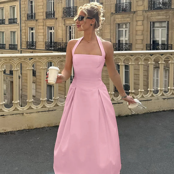 Women's Sexy Midi Dress Halter Backless Solid Sleeveless A-Line