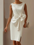 Elegant Sexy Dress For Women Round Neck Sleeveless Bow Slit Evening