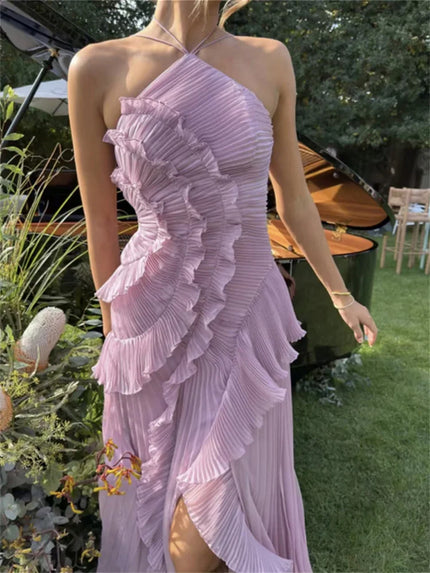 Women’s Maxi Dress Elegant Halter Neck Off Shoulder Backless Split Ruched