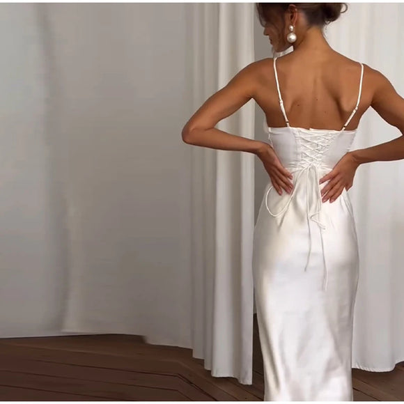 Women's Sexy Long  Dress Satin Elegant Backless Bodycon Fishbone